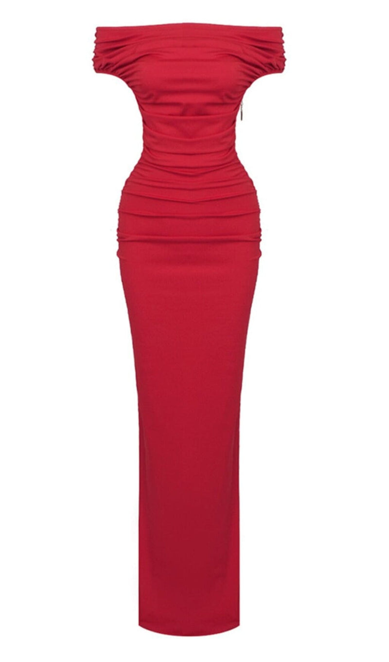 SLASH NECK PLEATED MAXI DRESS IN RED styleofcb 