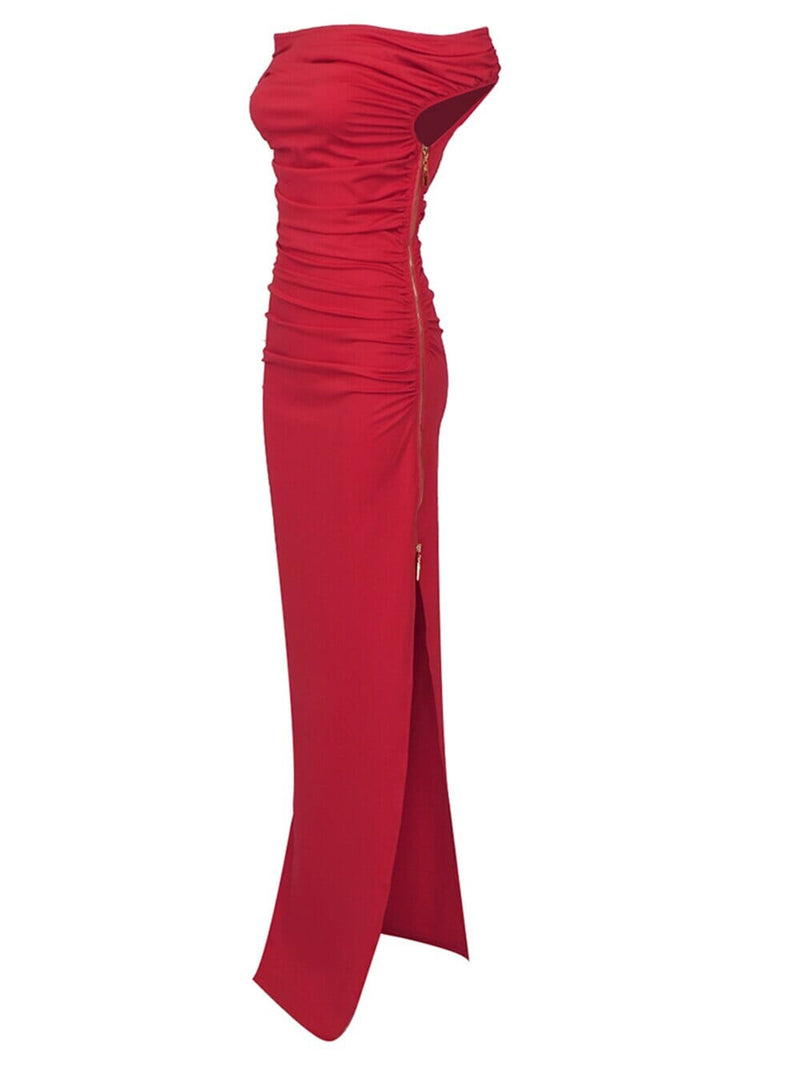 SLASH NECK PLEATED MAXI DRESS IN RED styleofcb 