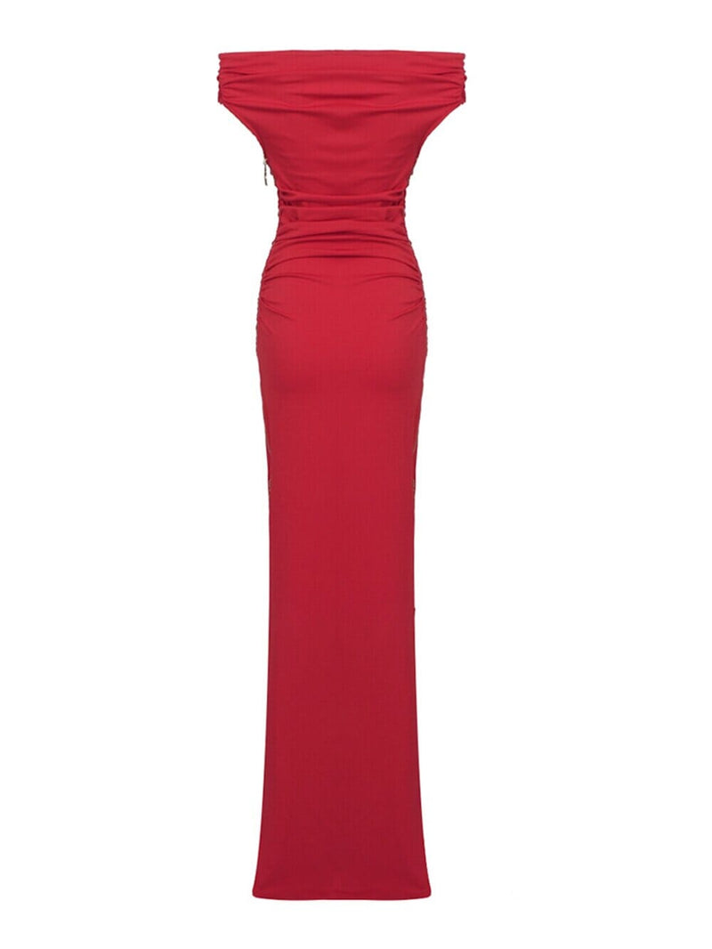 SLASH NECK PLEATED MAXI DRESS IN RED styleofcb 