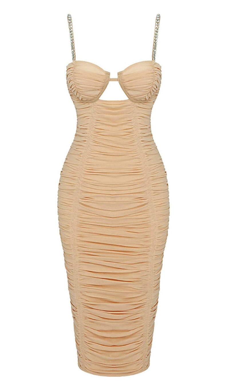 NUDE STRAPPY SEQUINS EMBELLISHED MESH MIDI DRESS Dresses Oh CICI XS Nude 