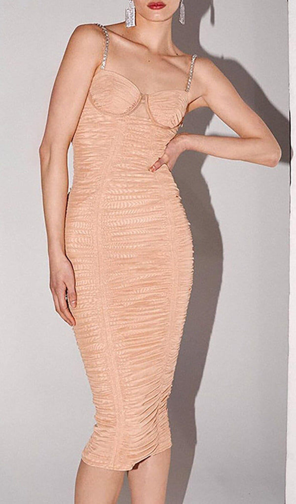 NUDE STRAPPY SEQUINS EMBELLISHED MESH MIDI DRESS Dresses Oh CICI 