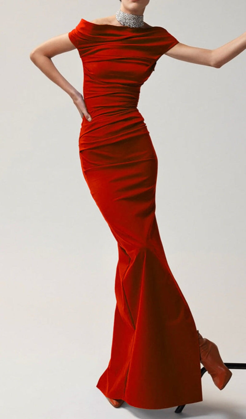 SLASH NECK PLEATED MAXI DRESS IN RED styleofcb 