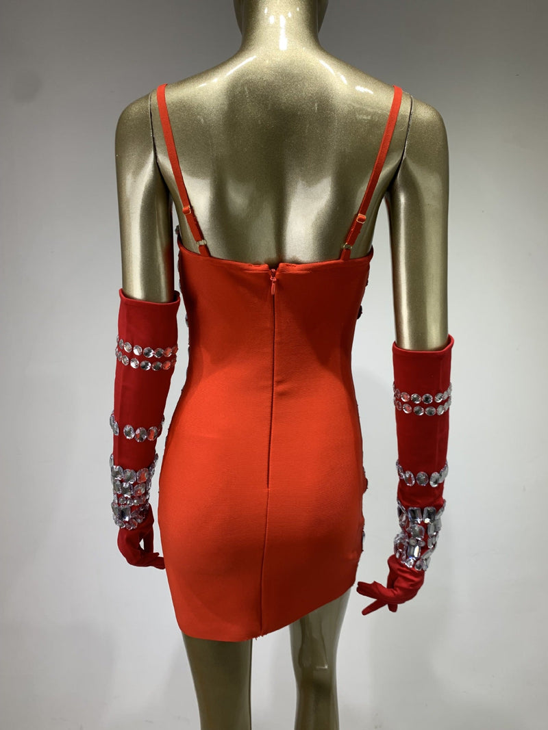 CRYSTAL EMBELLISHED BANDAGE DRESS WITH GLOVES IN RED