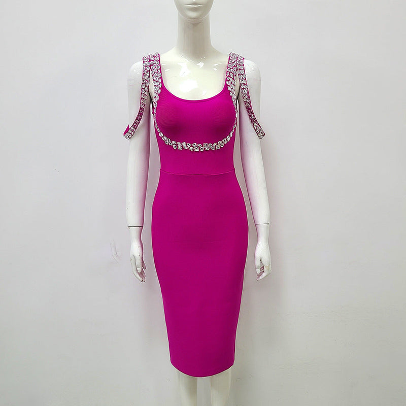 CRYSTAL BANDAGE MIDI DRESS IN HOT PINK