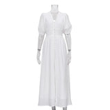 BUTTON-FRONT PUFFED SLEEVES MAXI DRESS IN WHITE DRESS STYLE OF CB 