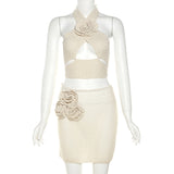 HALTERNECK KNITTED FLOWER SKIRT SET IN APRICOT