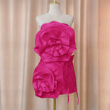 STRAPLESS FLOWER MINI DRESS IN HOT PINK