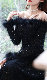 SEQUIN SEXY OFF SHOULDER FEATHER LONG SLEECES GOWN IN BLACK styleofcb 