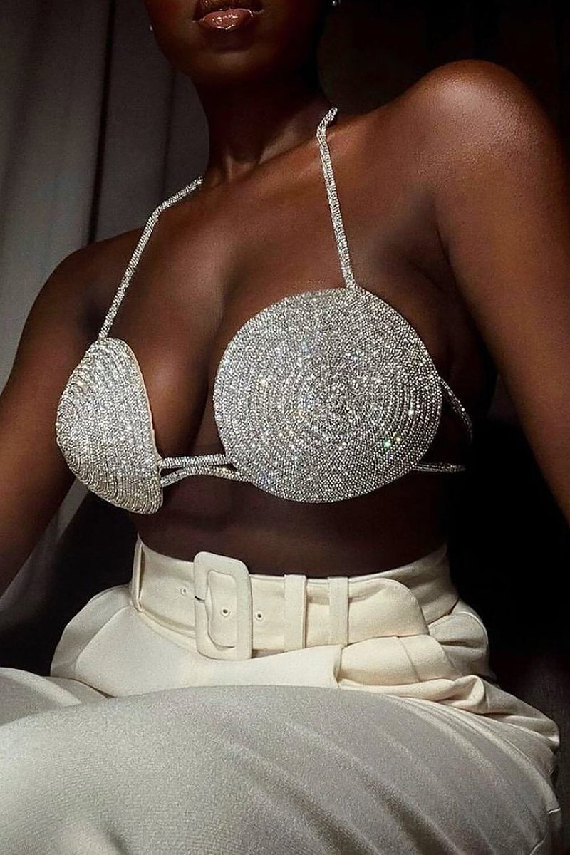 RHINESTONE EMBELLISHED SILK BRA TOP IN SILVER TOPS & SKIRTS styleofcb 