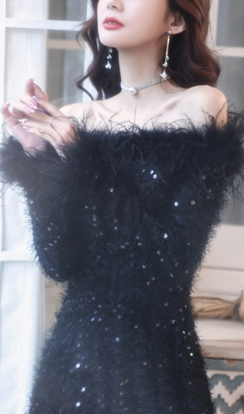 SEQUIN SEXY OFF SHOULDER FEATHER LONG SLEECES GOWN IN BLACK styleofcb 
