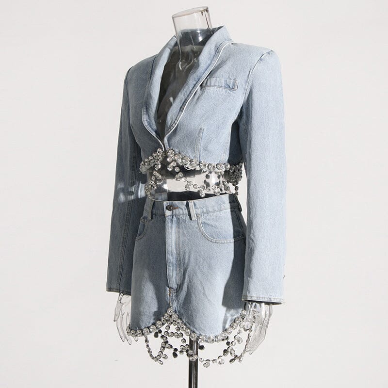 CRYSTAL FRINGE CHAIN DENIM SUIT Outerwear Oh CICI 