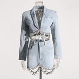 CRYSTAL FRINGE CHAIN DENIM SUIT Outerwear Oh CICI 