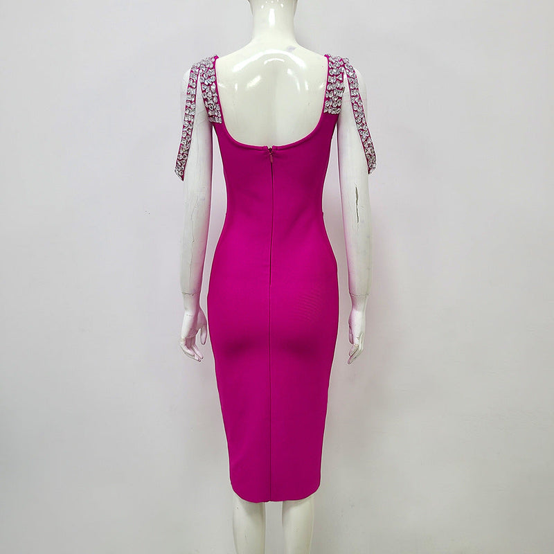 CRYSTAL BANDAGE MIDI DRESS IN HOT PINK