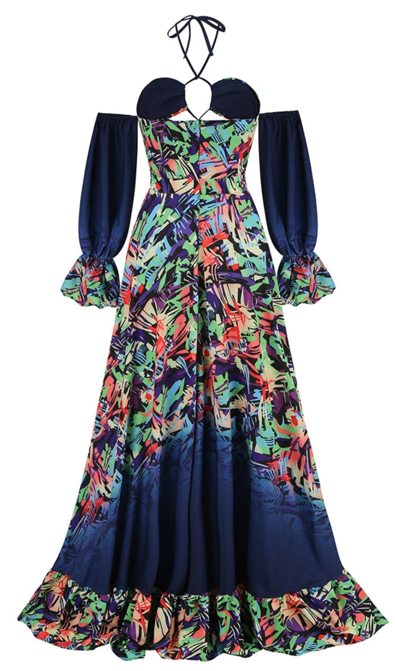 OFF SHOULDER FLOWY SLEEVES MAXI DRESS IN MULTI-COLOR DRESS STYLE OF CB 