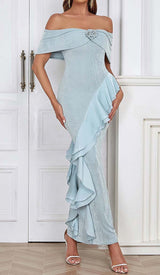 OFF SHOULDER RUFFLED MAXI DRESS IN TINGED BLUE DRESS STYLE OF CB 