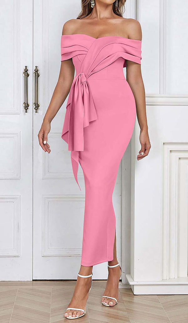 OFF SHOULDER SIDE SPLIT MIDI DRESS IN PINK DRESS STYLE OF CB 