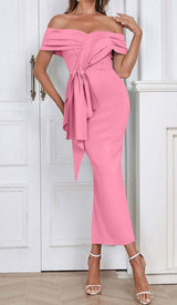 OFF SHOULDER SIDE SPLIT MIDI DRESS IN PINK DRESS STYLE OF CB 