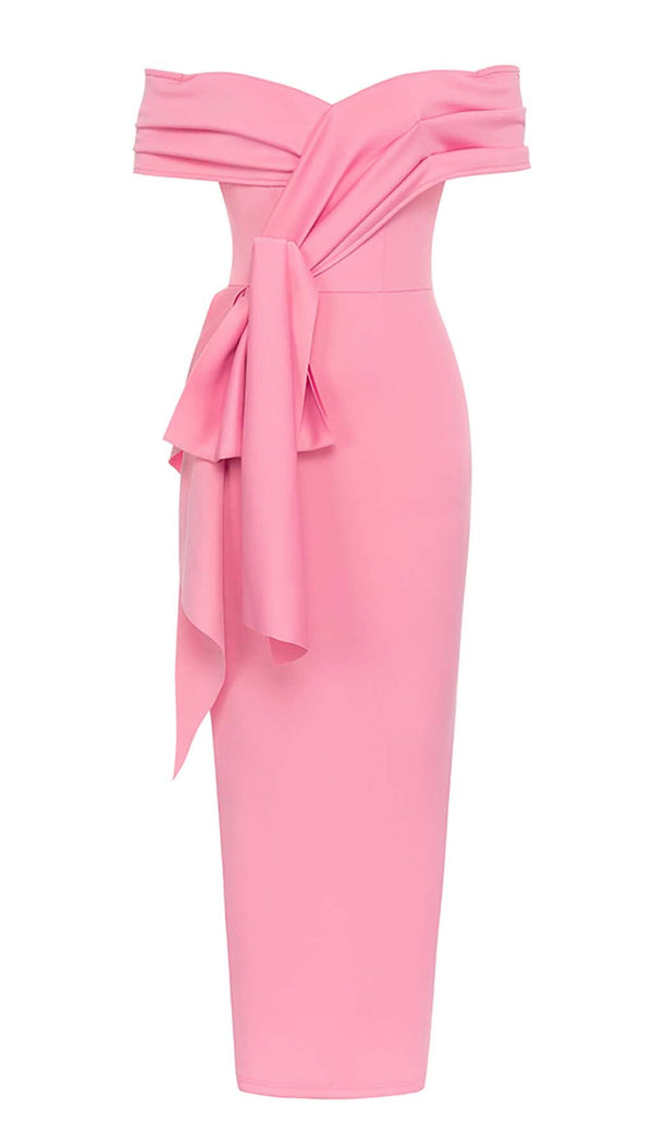 OFF SHOULDER SIDE SPLIT MIDI DRESS IN PINK DRESS STYLE OF CB 