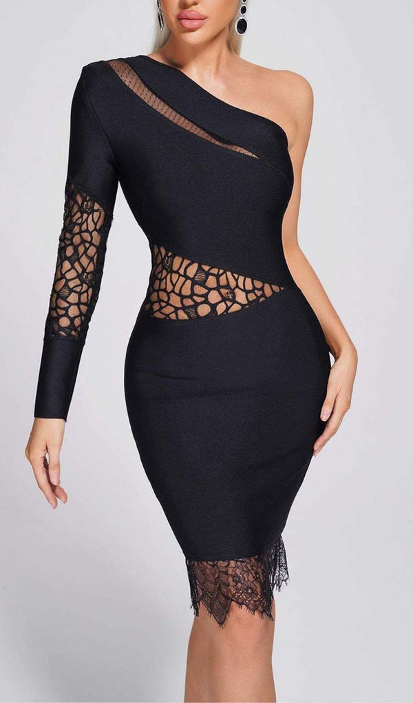 ONE SHOULDER INSERT LACE MIDI DRESS IN BLACK DRESS STYLE OF CB 