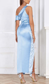 ONE SHOULDER RUCHED SLIT MAXI DRESS IN BLUE DRESS STYLE OF CB 