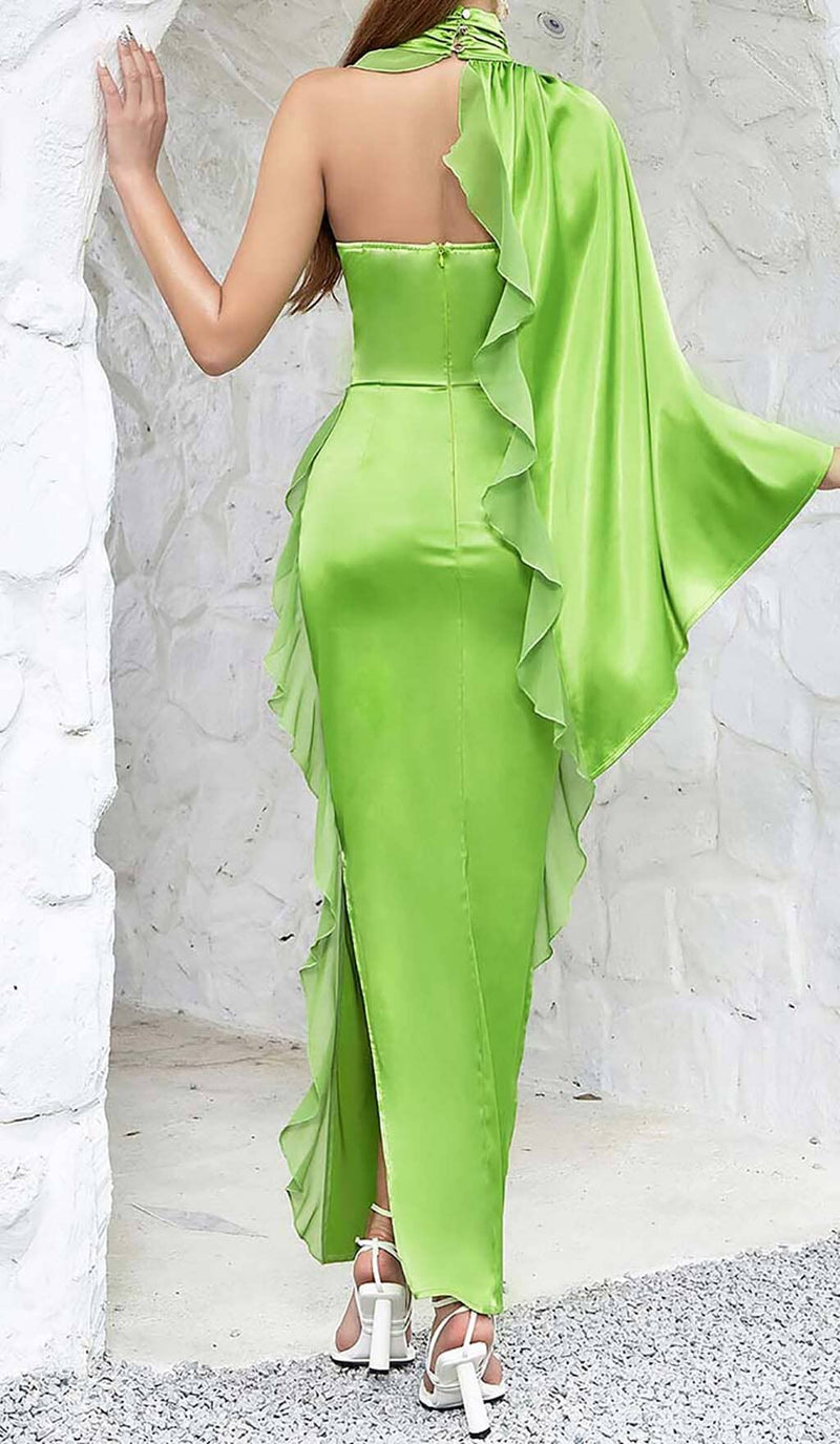 ONE-SHOULDER SATIN RUFFLE MAXI DRESS IN NEON GREEN DRESS STYLE OF CB 