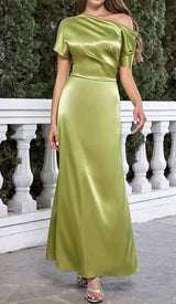 ONE SHOULDER SATIN SLIT MAXI DRESS IN GREEN DRESS STYLE OF CB 