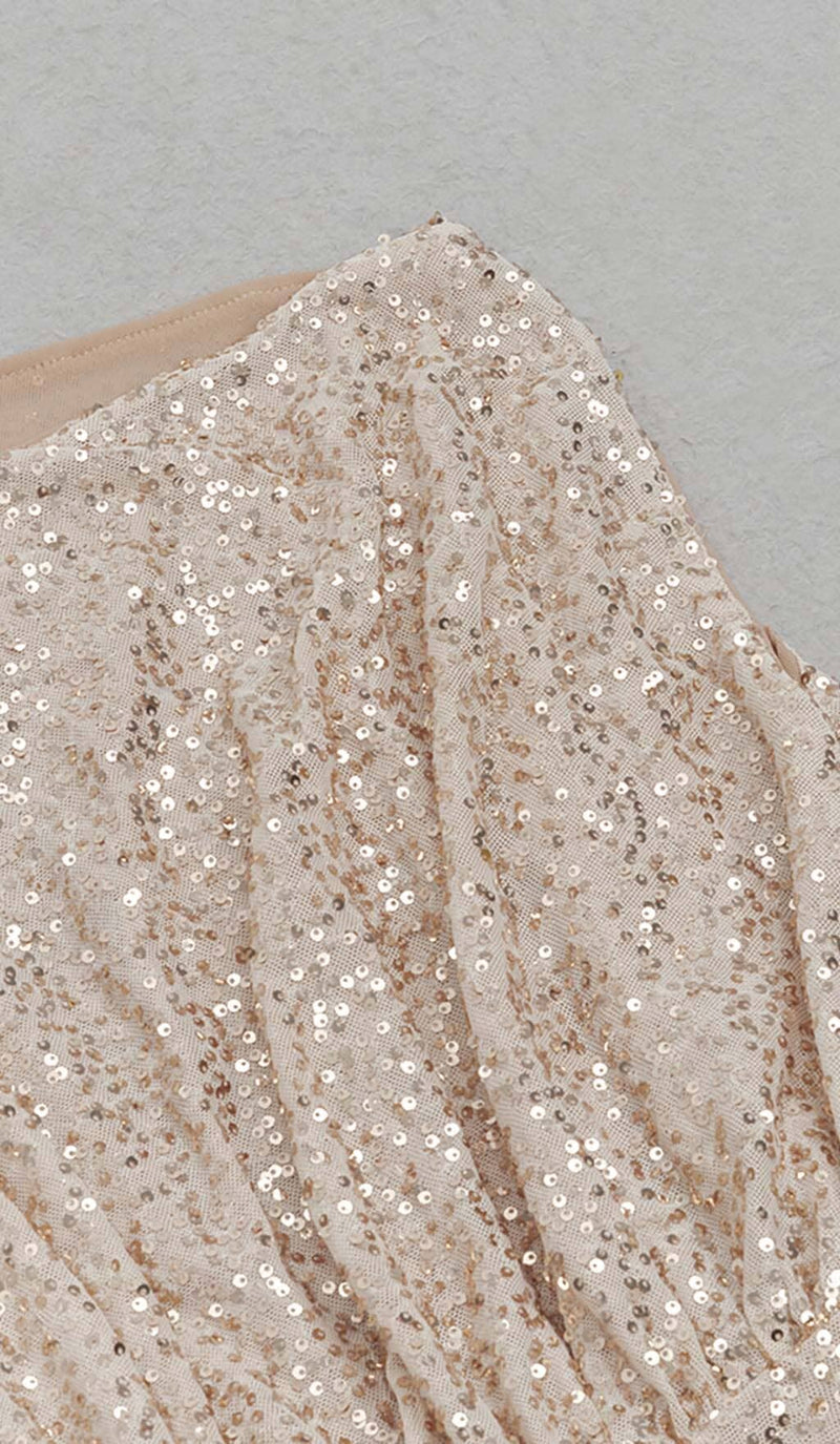 ONE SHOULDER SEQUIN MIDI DRESS IN ROSE GOLD DRESS STYLE OF CB 