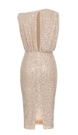 ONE SHOULDER SEQUIN MIDI DRESS IN ROSE GOLD DRESS STYLE OF CB 