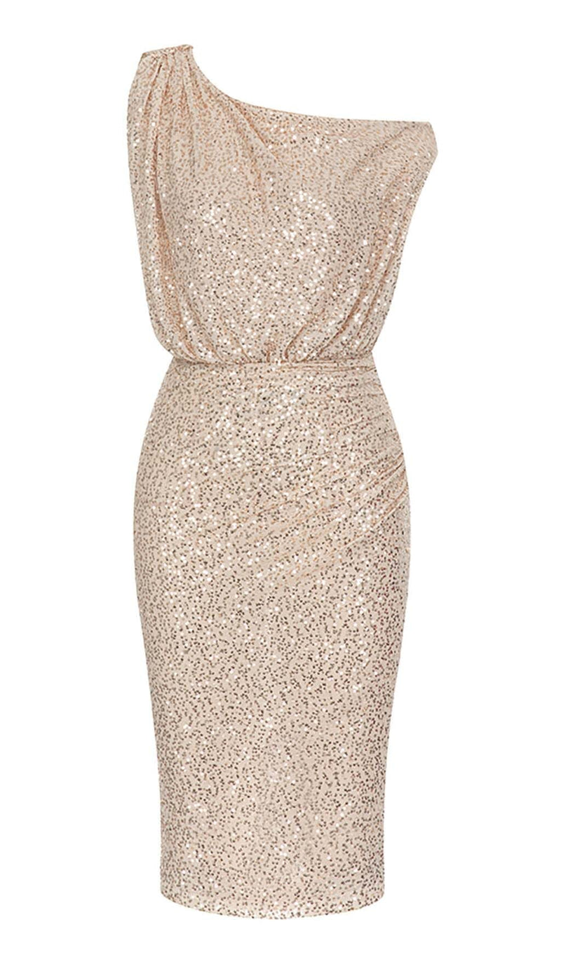 ONE SHOULDER SEQUIN MIDI DRESS IN ROSE GOLD DRESS STYLE OF CB 