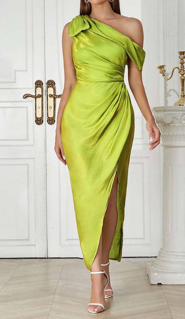 ONE SHOULDER SIDE ASYMMETRICAL MIDI DRESS IN GREEN DRESS STYLE OF CB 