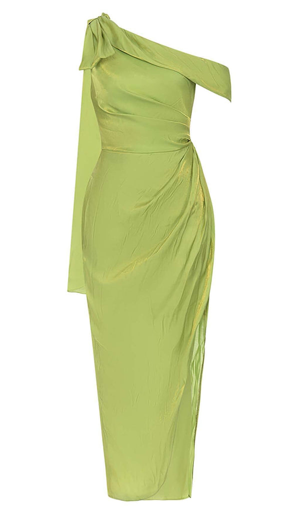 ONE SHOULDER SIDE ASYMMETRICAL MIDI DRESS IN GREEN DRESS STYLE OF CB 