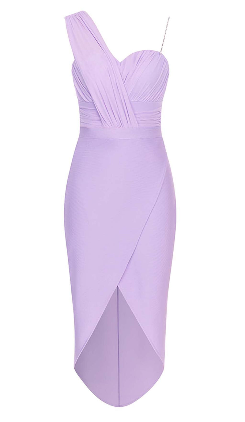 ONE SHOULDER THIGH SLIT MIDI DRESS IN LILAC DRESS STYLE OF CB 