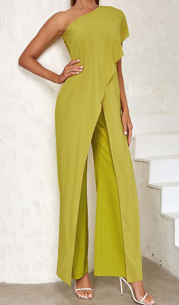ONE SHOULDER TIERED JUMPSUIT IN OLIVE DRESS STYLE OF CB 