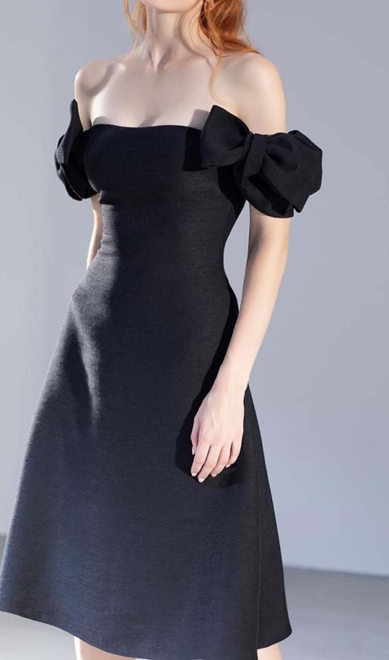 PATCHWORK BOW-EMBELLISHED MIDI DRESS IN BLACK DRESS sis label 