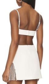 PEARL TRIM TOP WITH TASSEL MINI SKIRT IN WHITE DRESS STYLE OF CB 