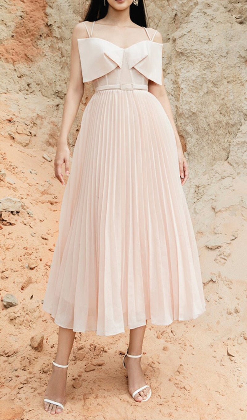 PLATED CHEST BOW MIDI DRESS IN BEIGE DRESS STYLE OF CB 