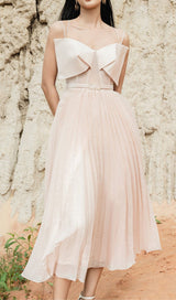 PLATED CHEST BOW MIDI DRESS IN BEIGE DRESS STYLE OF CB 