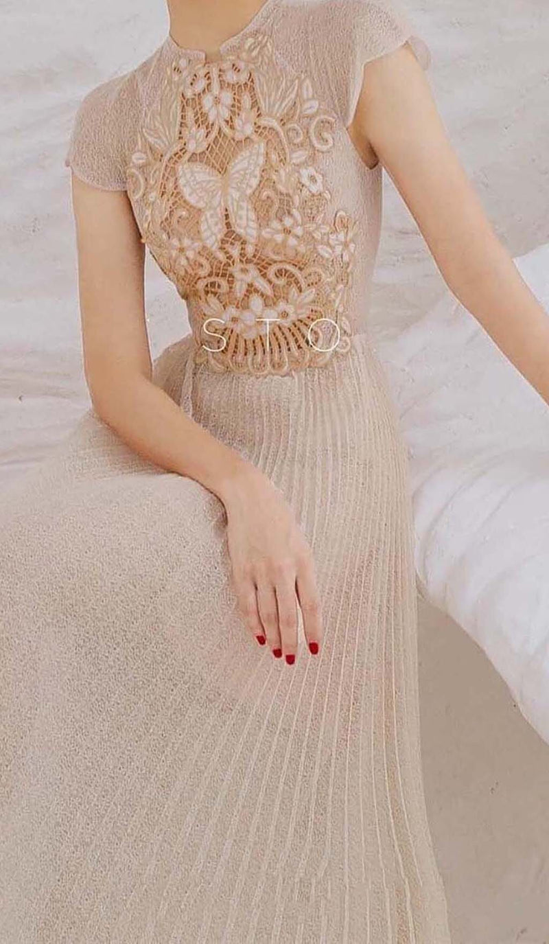 PLEATED EMBROIDERY MIDI DRESS IN BEIGE DRESS styleofcb 