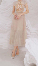 PLEATED EMBROIDERY MIDI DRESS IN BEIGE DRESS styleofcb 