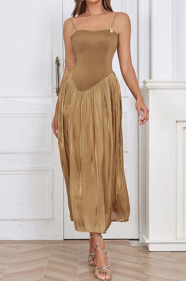 PLEATED STRAP MIDI DRESS IN TOBACCO DRESS STYLE OF CB 