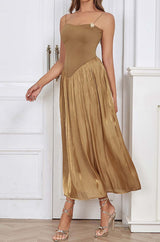 PLEATED STRAP MIDI DRESS IN TOBACCO DRESS STYLE OF CB 