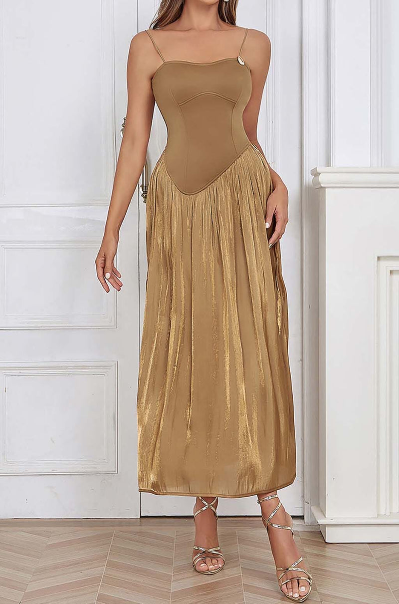 PLEATED STRAP MIDI DRESS IN TOBACCO DRESS STYLE OF CB 