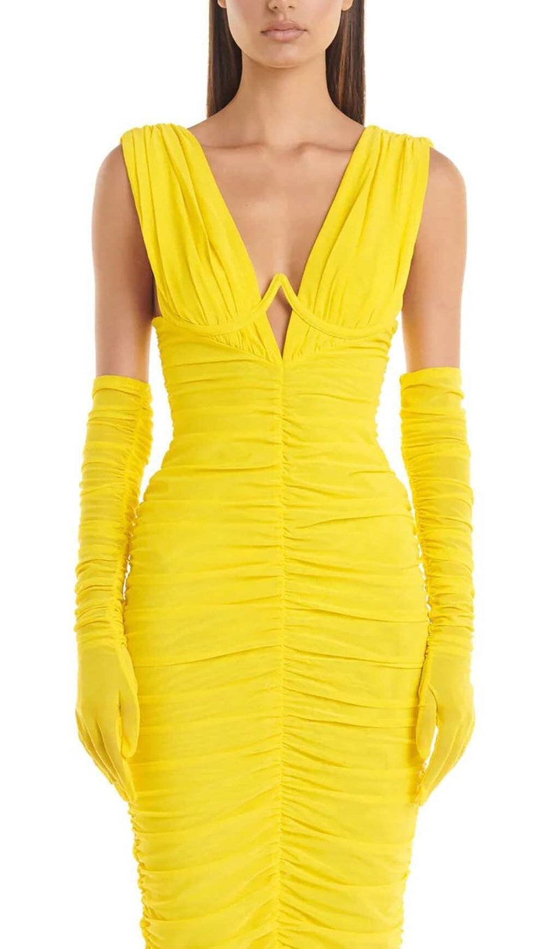 PLUNGE V NECKLINE WITH GLOVE MAXI DRESS IN YELLOW DRESS STYLE OF CB 