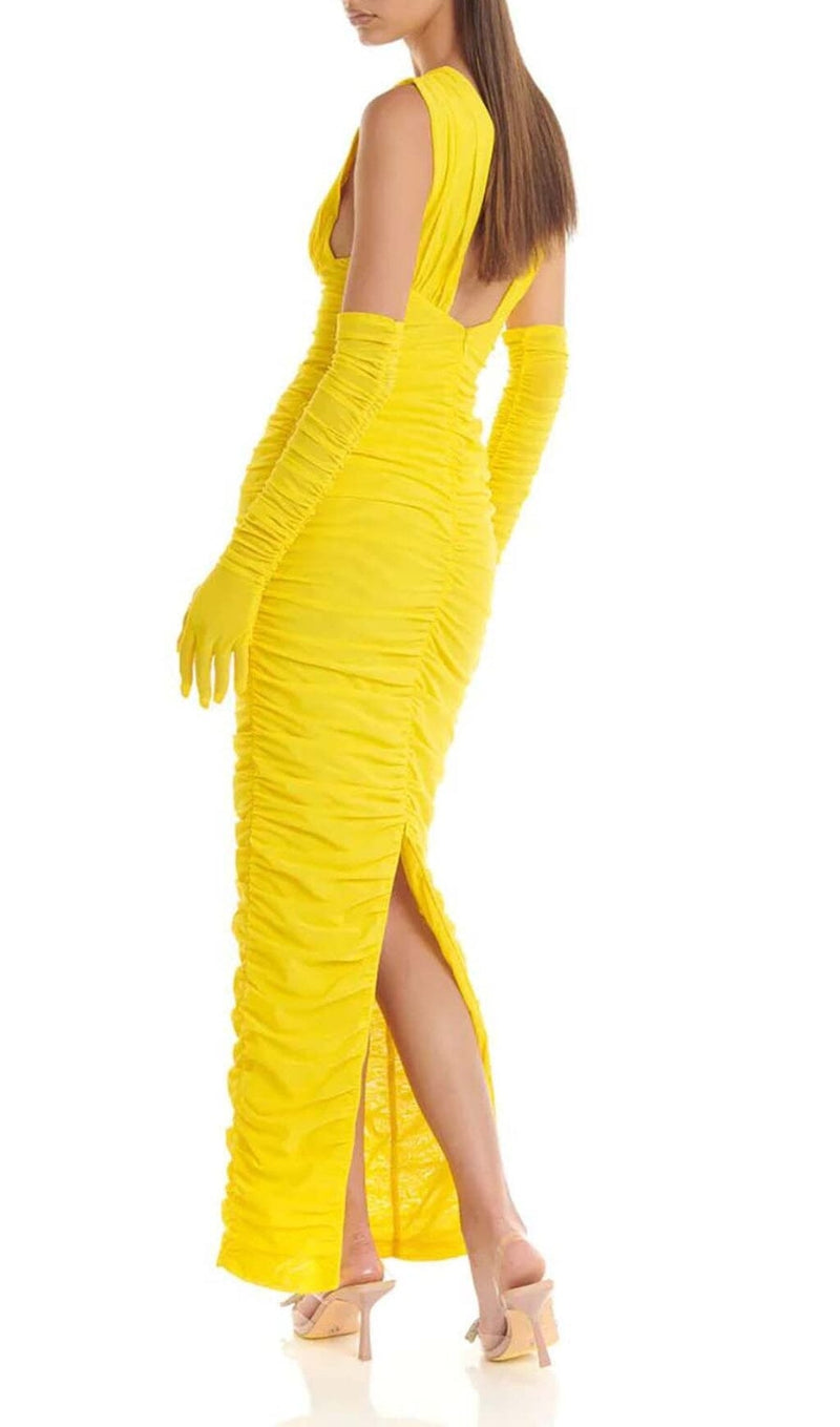 PLUNGE V NECKLINE WITH GLOVE MAXI DRESS IN YELLOW DRESS STYLE OF CB 