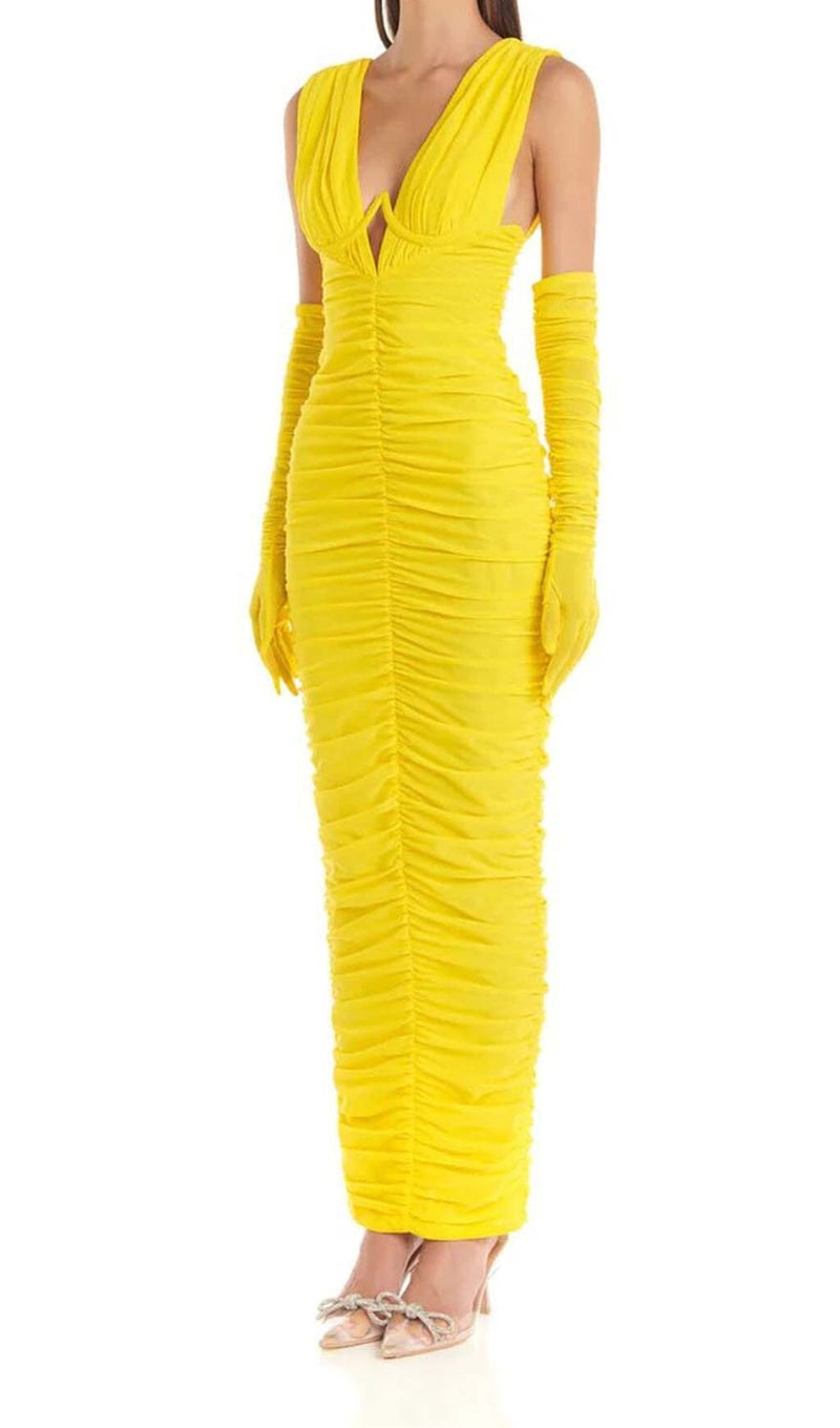 PLUNGE V NECKLINE WITH GLOVE MAXI DRESS IN YELLOW DRESS STYLE OF CB 