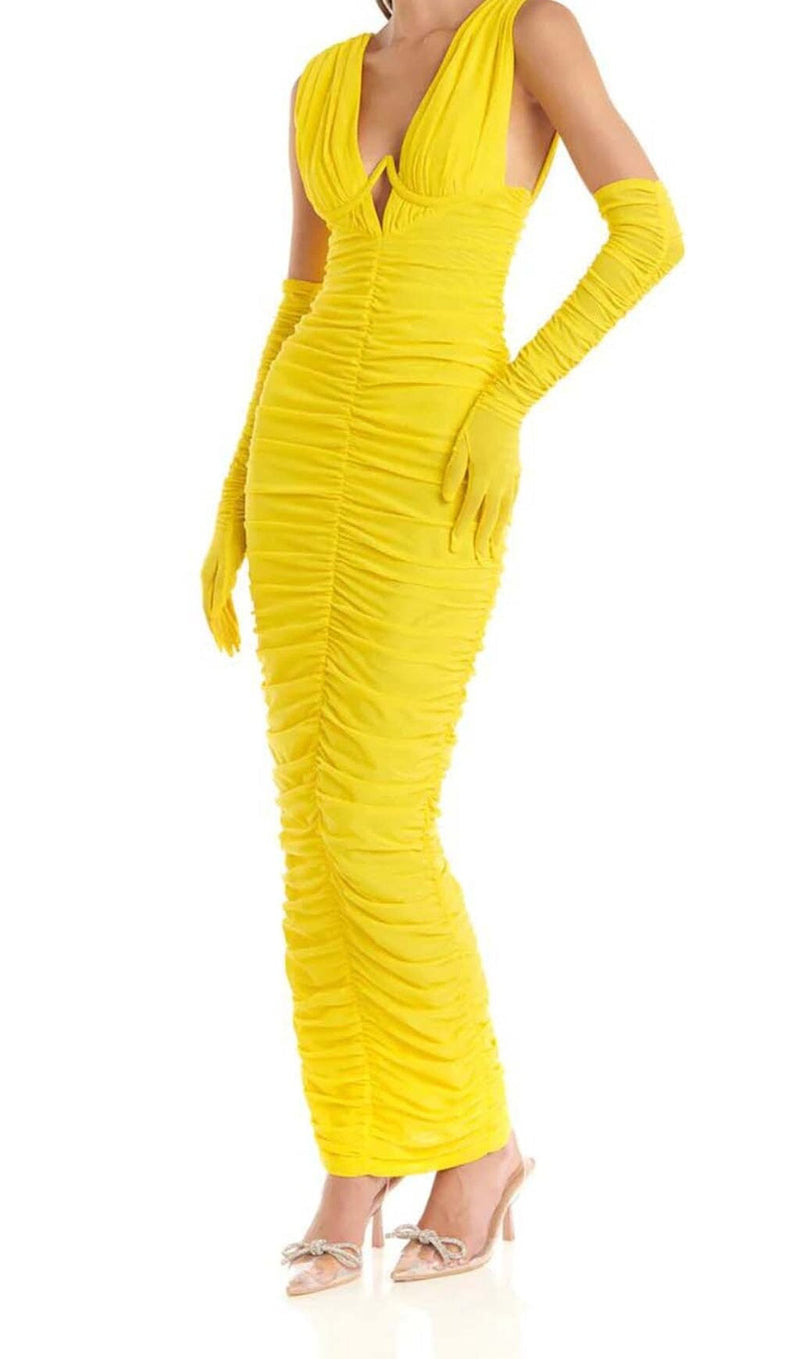 PLUNGE V NECKLINE WITH GLOVE MAXI DRESS IN YELLOW DRESS STYLE OF CB 