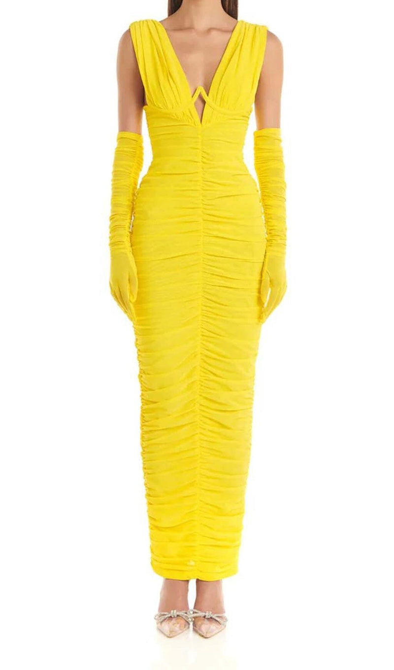 PLUNGE V NECKLINE WITH GLOVE MAXI DRESS IN YELLOW DRESS STYLE OF CB 