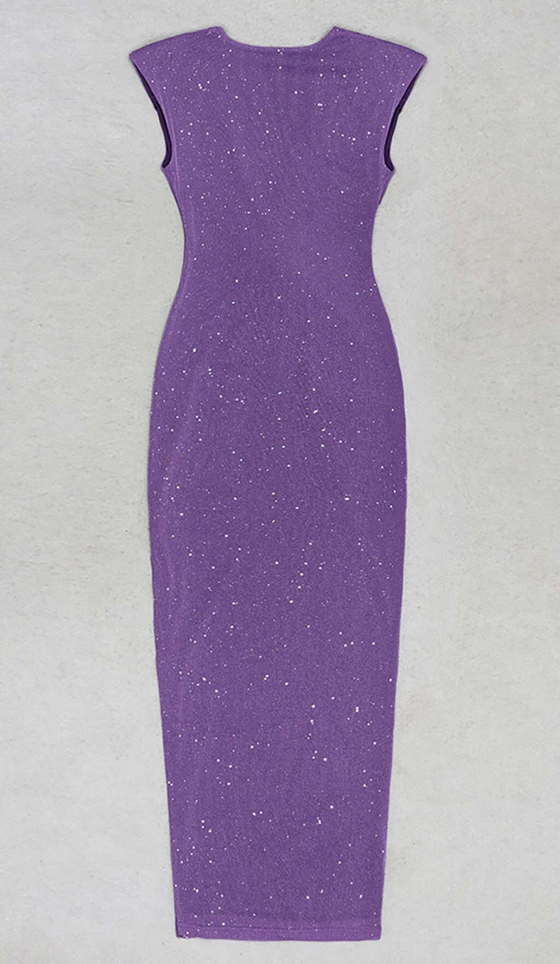 PLUNGE GLITTER BANDAGE MIDI DRESS IN AMETHYST DRESS STYLE OF CB 