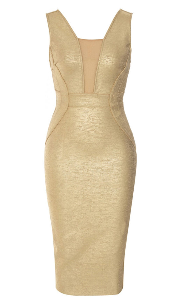 PLUNGE MESH BANDAGE MIDI DRESS IN GOLD DRESS STYLE OF CB 