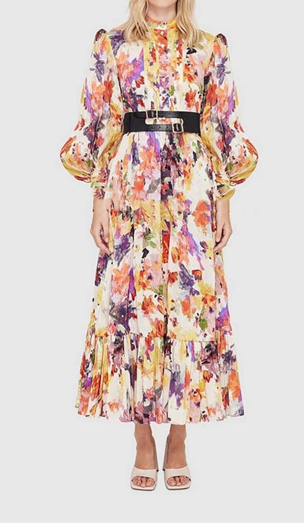 POISE PRINT SILK MIDI DRESS IN MULTI-COLOR DRESS STYLE OF CB 